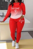 Black Casual Daily Gradient Print Letter Blessed Print Basic Round Neck Long Sleeve Tops And Slim Fit Pants Matching Sets Two Pieces Sweatsuits