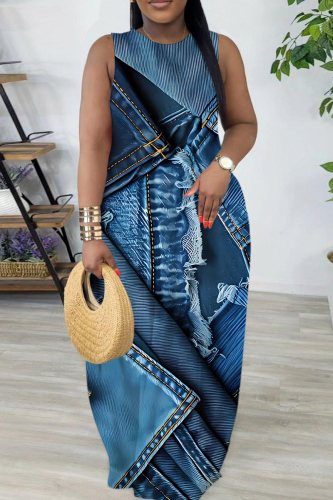 Blue Faux Denim Print Sleeveless O Neck Casual Vacation Loose Maxi Dress
