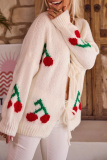 Black Cherry Embroidered Tie Front Cardigan Sweater Loose Fit Long Sleeve Knitwear