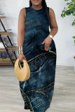 Blue Faux Denim Print Sleeveless O Neck Casual Vacation Loose Maxi Dress
