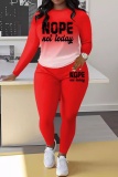 Red Gradient Letter Print Basic Round Neck Long Sleeve Tops and Slim Fit Pants Matching Sets Two Pieces Sweatsuits