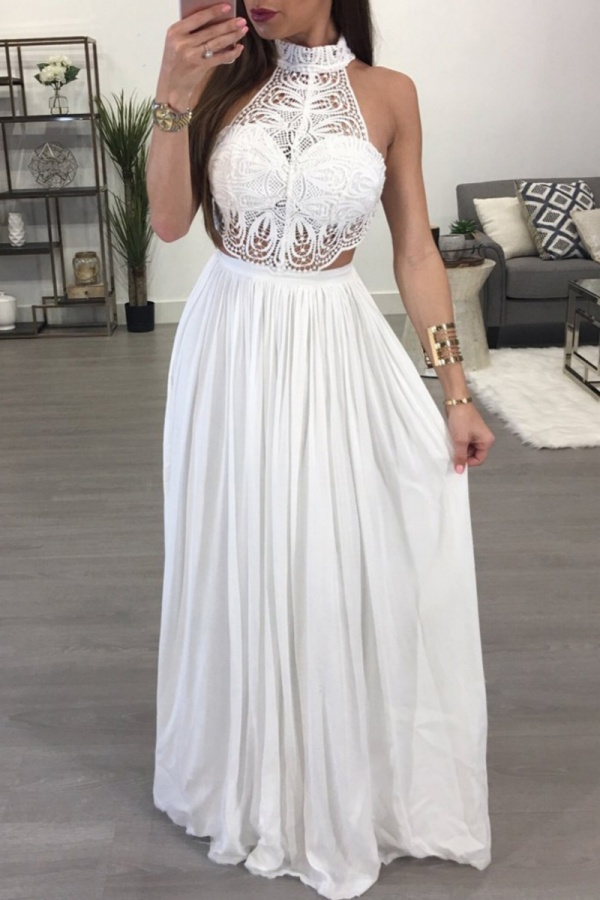 White Party Club Sexy See Through Backless Sleeveless Half A Turtleneck A Line Long Maxi Dresses