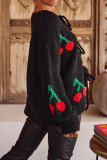 Black Cherry Embroidered Tie Front Cardigan Sweater Loose Fit Long Sleeve Knitwear