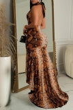 Brown Snakeskin Print Deep V Neck Halter Neck Sleeveless Backless High Slit Party Maxi Dress