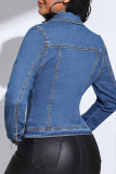Blue Casual Sexy Solid Color Pocket Buckle Patchwork Turndown Collar Long Sleeve Bodycon Slim Fit Denim Jacket