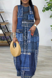 Blue Faux Denim Print Sleeveless O Neck Casual Vacation Loose Maxi Dress