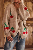 Black Cherry Embroidered Tie Front Cardigan Sweater Loose Fit Long Sleeve Knitwear