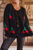 Black Cherry Embroidered Tie Front Cardigan Sweater Loose Fit Long Sleeve Knitwear