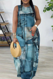 Blue Faux Denim Print Sleeveless O Neck Casual Vacation Loose Maxi Dress