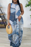 Blue Faux Denim Print Sleeveless O Neck Casual Vacation Loose Maxi Dress