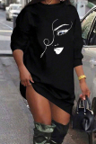 Black Casual Print Patchwork Round Neck Long Sleeve Straight T-shirt Midi Short Dresses