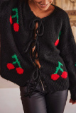 Black Cherry Embroidered Tie Front Cardigan Sweater Loose Fit Long Sleeve Knitwear