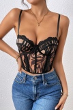 Black Sexy Print Lace Mesh Patchwork Backless Slim Fit Spaghetti Strap Camis Tops