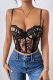 Black Sexy Print Lace Mesh Patchwork Backless Slim Fit Spaghetti Strap Camis Tops