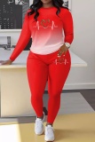 Red Casual Gradient Graphic Print Basic O Neck Long Sleeve Tops And Slim Fit Pants Matching Sets Two Pieces Sweatsuits