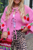 Black Cherry Embroidered Tie Front Cardigan Sweater Loose Fit Long Sleeve Knitwear