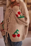 Black Cherry Embroidered Tie Front Cardigan Sweater Loose Fit Long Sleeve Knitwear
