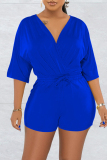 Blue V Neck 3/4 Sleeve Belted Office Lady Bodycon Rompers
