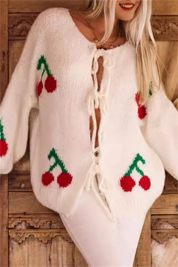 Black Cherry Embroidered Tie Front Cardigan Sweater Loose Fit Long Sleeve Knitwear