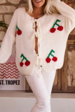Black Cherry Embroidered Tie Front Cardigan Sweater Loose Fit Long Sleeve Knitwear