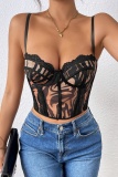 Black Sexy Print Lace Mesh Patchwork Backless Slim Fit Spaghetti Strap Camis Tops