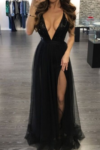 Black Sexy Formal Party Patchwork Sequins Backless Sleeveless Spaghetti Strap Slit A Line Long Dresses