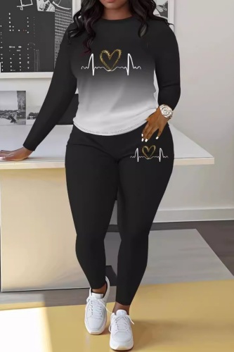 Red Casual Gradient Graphic Print Basic O Neck Long Sleeve Tops And Slim Fit Pants Matching Sets Two Pieces Sweatsuits