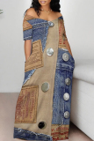 Dark Blue Off Shoulder Denim Print Patchwork Short Sleeve Lace-Up Loose Fit Vacation Maxi Dress