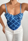 Blue Sexy Hot Plaid Print Cut Out Patchwork Backless Sleeveless Butterfly Slim Fit Spaghetti Strap Camis Tops