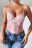 Pink Sexy Hot Ditsy Floral Patchwork Backless Slim Fit Spaghetti Strap Cami Tops