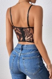 Black Sexy Print Lace Mesh Patchwork Backless Slim Fit Spaghetti Strap Camis Tops