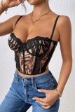 Black Sexy Print Lace Mesh Patchwork Backless Slim Fit Spaghetti Strap Camis Tops
