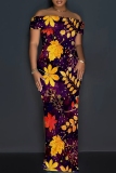 Light Purple Floral Print Sleeveless Backless Off Shoulder High Slit Floor Length Vacation Long Bodycon Maxi Dress