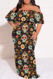 Orange Halloween Skull Pumpkin Print Off Shoulder Flutter Sleeve Casual Plus Size Loose Maxi Dresses