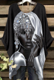 Dark Brown Casual Figure Print O Neck Batwing Sleeve Irregular Hem Oversize T-shirt