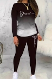 Black Casual Gradient Print Letter Print O Neck Long Sleeve Sweatshirt And Striped Leggings Slim Fit Loungewear Outfit