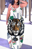 White Graphics Print Backless Spaghetti Strap Floor Length Vacation Baggy Sundress Slip Maxi Dress