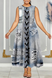 Blue Khaki Casual Denim Print Sleeveless O Neck Long A Line Pleated Midi Tank Dresses