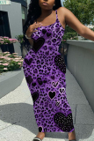 Purple Sleeveless Casual Love Print Backless Spaghetti Strap Long Bodycon Maxi Slip Dress