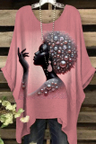 Dark Brown Casual Figure Print O Neck Batwing Sleeve Irregular Hem Oversize T-shirt