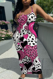 Black Red Sleeveless Casual Love Print Backless Spaghetti Strap Long Bodycon Maxi Slip Dress