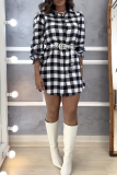 Black White Casual Plaid Turndown Collar Long Sleeve Vacation Shirt Mini Dresses