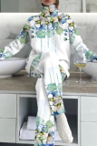 Rose Red Casual Floral Print Turtleneck Long Sleeve Blouse And Wide Leg Pants Vacation Two Pieces Trouser Set