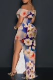 Blue Floral Print Sleeveless Backless Off Shoulder High Slit Floor Length Vacation Long Bodycon Maxi Dress