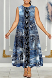 Blue Khaki Casual Denim Print Sleeveless O Neck Long A Line Pleated Midi Tank Dresses