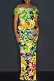 Blue Floral Print Sleeveless Backless Off Shoulder High Slit Floor Length Vacation Long Bodycon Maxi Dress