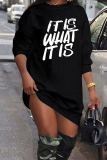 Black Casual Letter Print O Neck Long Sleeve Straight Mini Sweatshirt Dresses