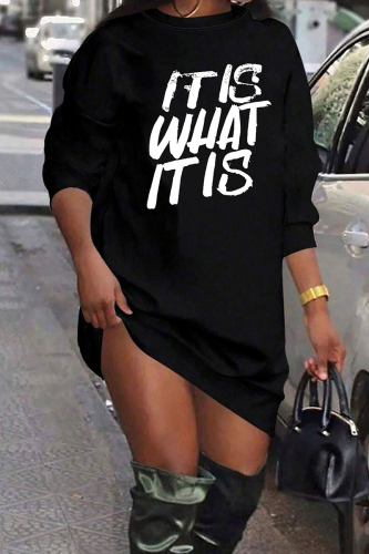Black Casual Letter Print O Neck Long Sleeve Straight Mini Sweatshirt Dresses