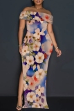 Blue Floral Print Sleeveless Backless Off Shoulder High Slit Floor Length Vacation Long Bodycon Maxi Dress