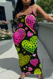 Black Red Sleeveless Casual Love Print Backless Spaghetti Strap Long Bodycon Maxi Slip Dress